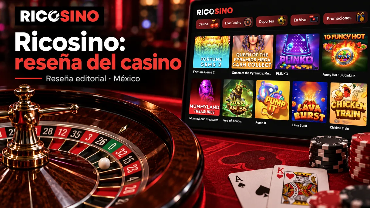 Portada editorial alternativa «Ricosino: reseña del casino» con ruleta, cartas y fichas del lobby