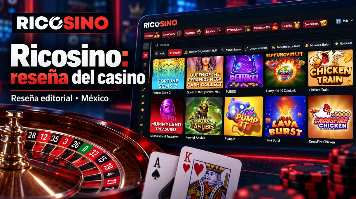 Portada editorial «Ricosino: reseña del casino» con ruleta, cartas y un panel de fichas del lobby