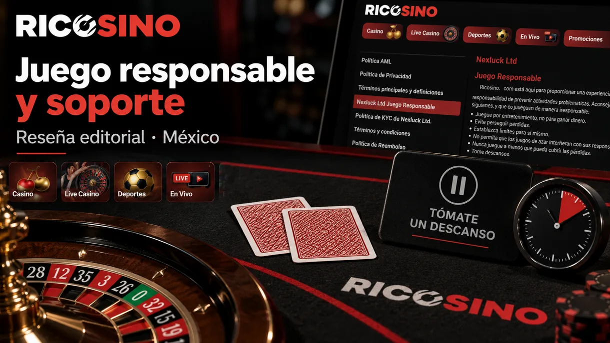Portada editorial «Juego responsable y soporte» con tapete, cartas boca abajo, símbolo de pausa y reloj