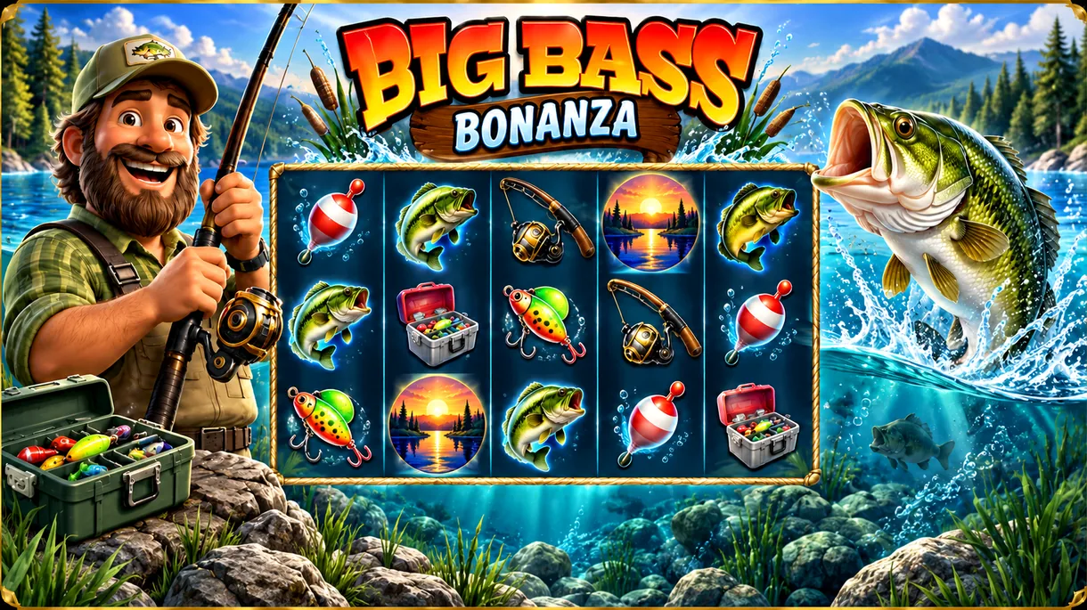 Ilustración editorial de Big Bass Bonanza: un pez saltando del agua junto a una caña de pescar