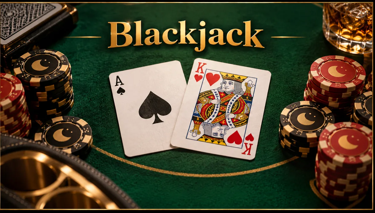 Ilustración editorial de blackjack: cartas sobre un tapete verde con fichas