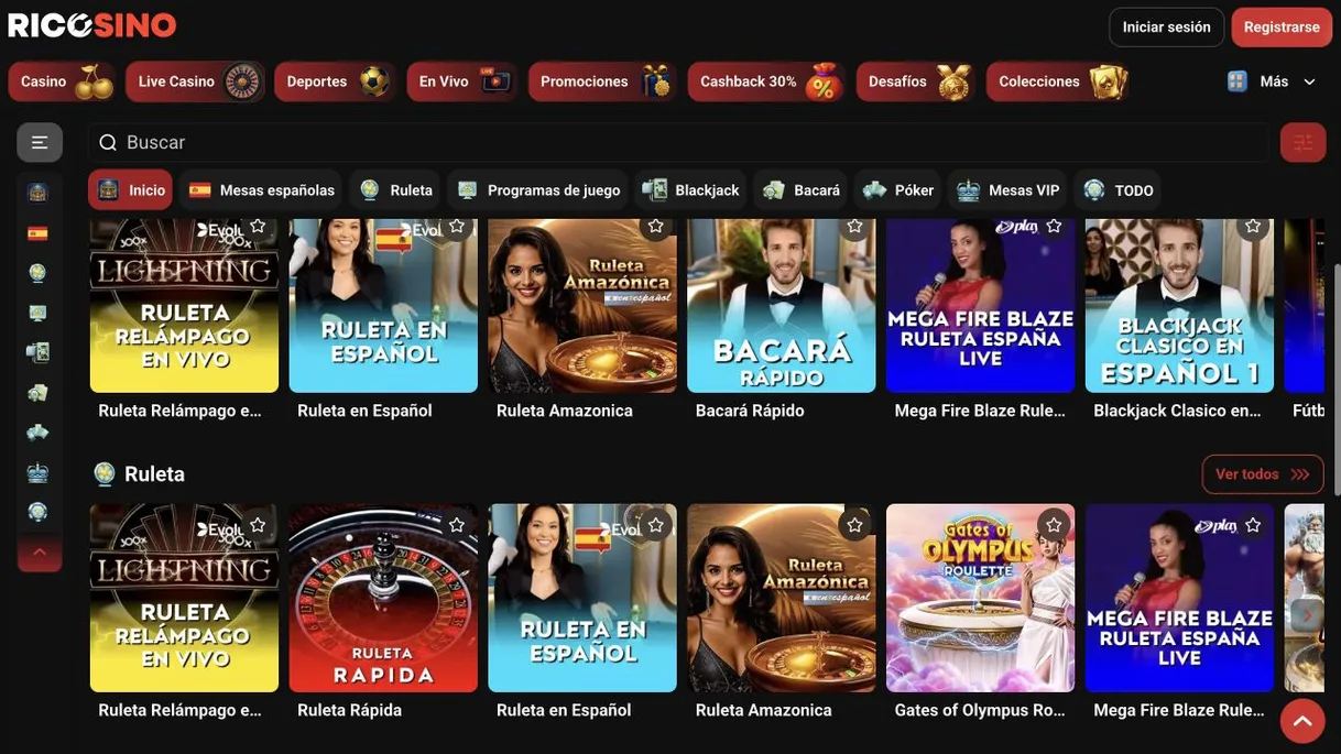 Captura de la sección Live Casino de Ricosino con categorías y mesas como Ruleta Relámpago en Vivo, Ruleta en Español y Blackjack Clásico en Español 1
