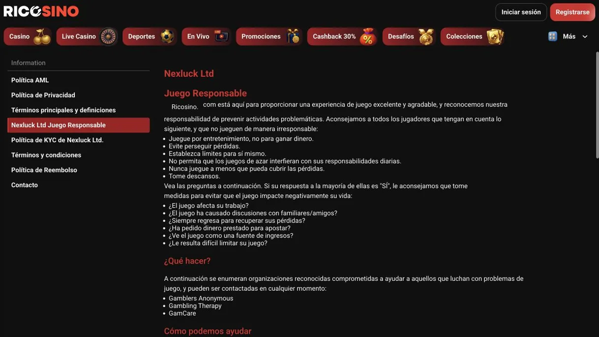 Captura de la página «Nexluck Ltd Juego Responsable» con consejos, preguntas de autoevaluación y organizaciones de ayuda