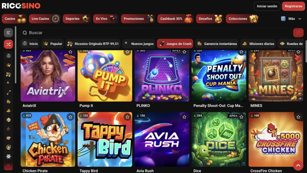 Captura de la categoría Juegos de Crash de Ricosino, donde aparece MINES junto a AviatriX, PLINKO y Avia Rush