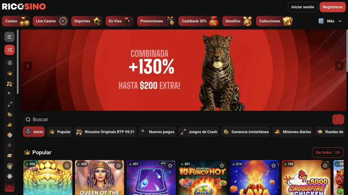 Captura del lobby de casino de Ricosino con buscador y categorías Popular, Ricosino Originals RTP 99,51, Nuevos juegos y Juegos de Crash