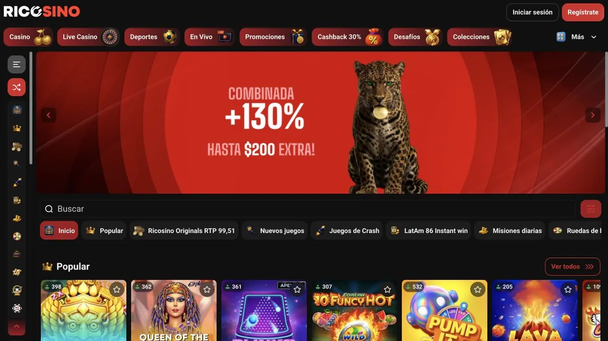 Captura del lobby de la versión mexicana de Ricosino con el banner «Retiros en hasta 3 horas, sin esperas» y la fila de juegos populares