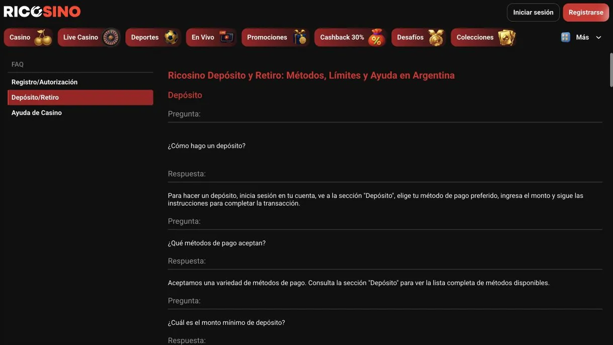 Captura de la FAQ «Ricosino Depósito y Retiro: Métodos, Límites y Ayuda en Argentina» con preguntas genéricas