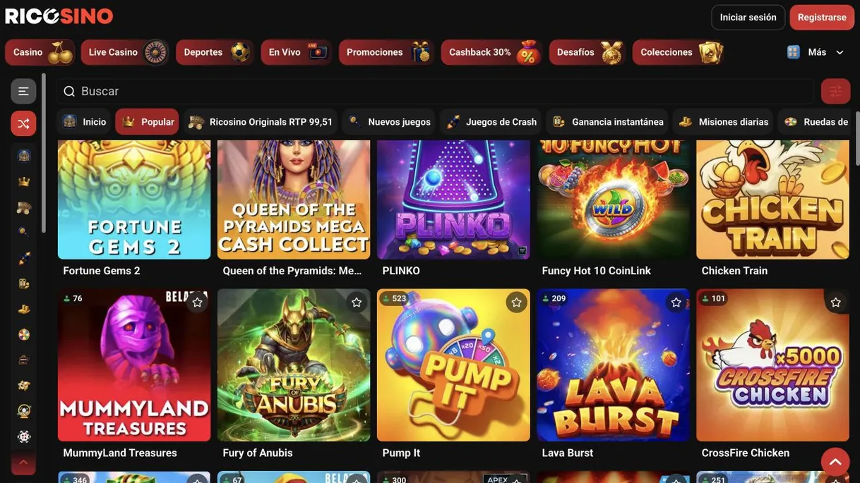 Captura de la categoría Popular de Ricosino con Fortune Gems 2, Queen of the Pyramids, PLINKO y Funcy Hot 10 CoinLink