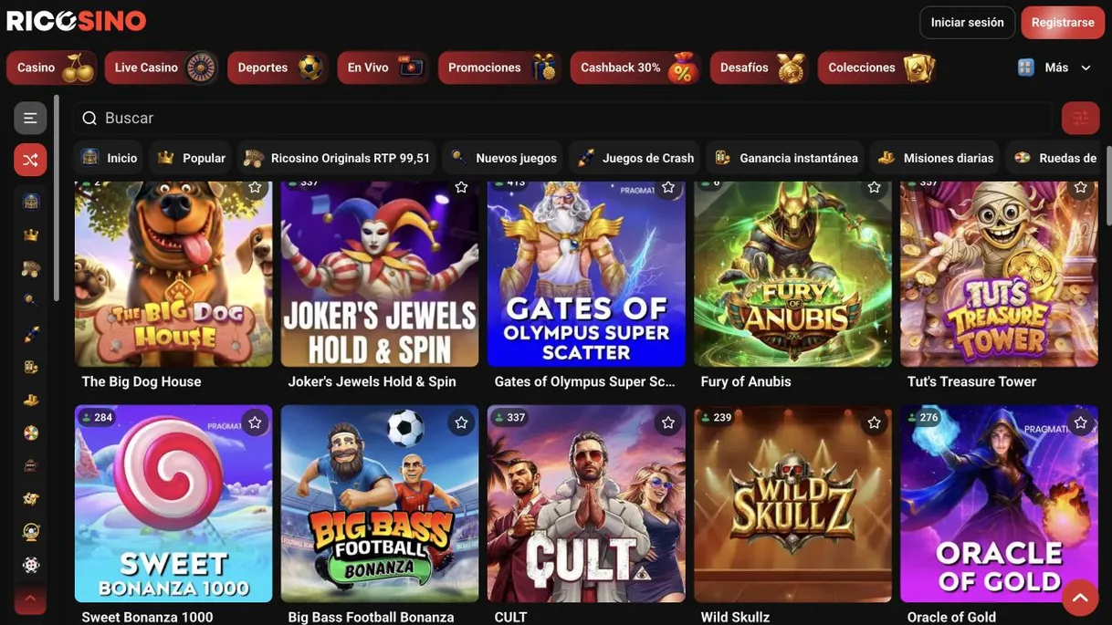 Captura de juegos de Pragmatic Play en el lobby de Ricosino: The Big Dog House, Gates of Olympus Super Scatter, Sweet Bonanza 1000 y otros