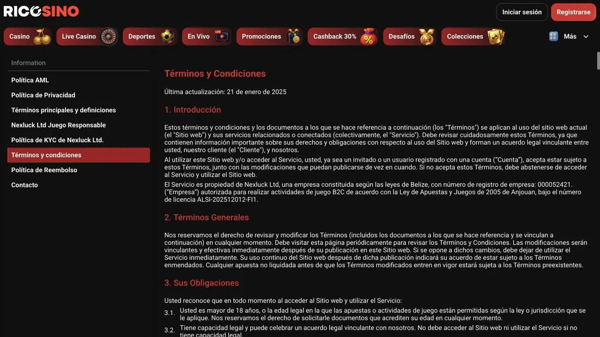 Captura de los Términos y Condiciones de Ricosino, actualizados el 21 de enero de 2025, con el operador Nexluck Ltd y la licencia de Anjouan