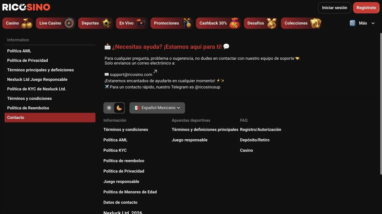 Captura de la página de contacto de la versión mexicana de Ricosino con el selector de idioma en Español Mexicano