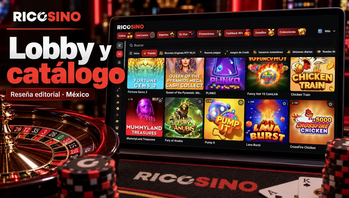 Portada editorial «Lobby y catálogo» con fichas del lobby dentro de un marco de pantalla oscuro