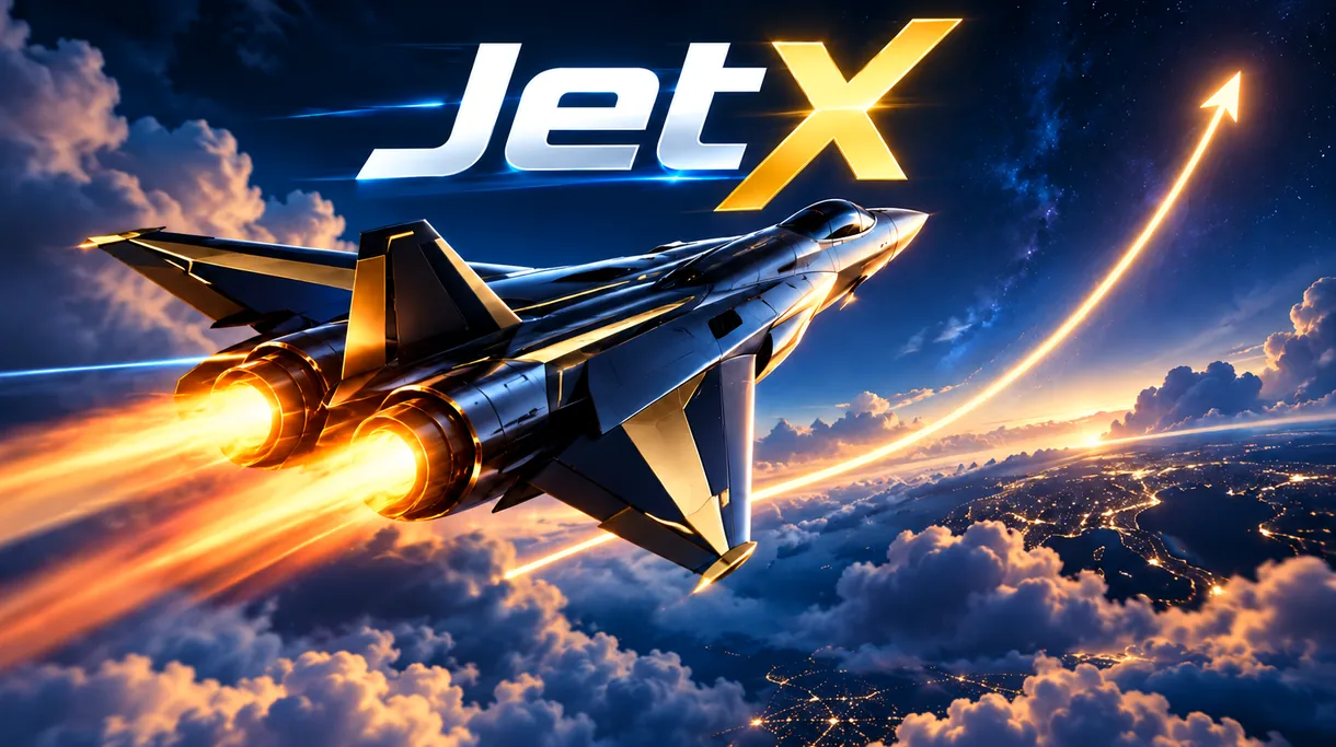 Ilustración editorial de JetX: un jet ascendiendo sobre una curva de multiplicador