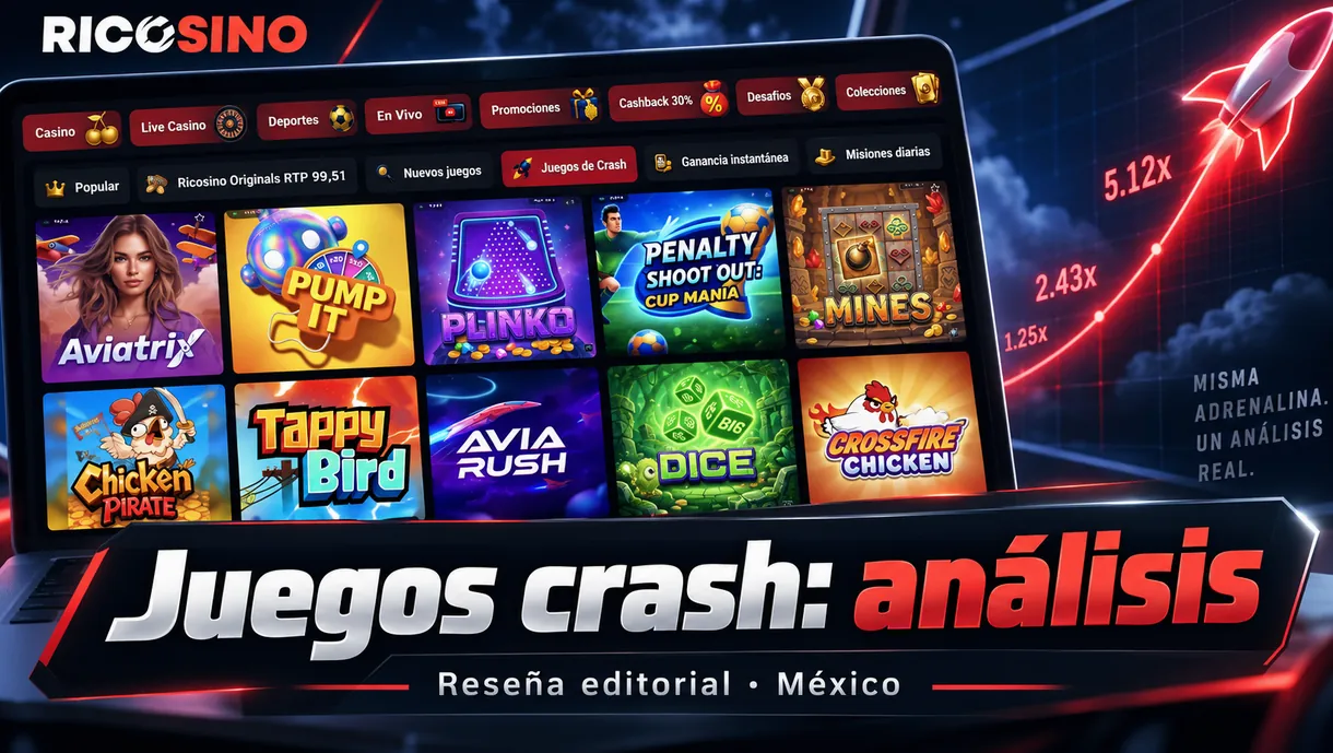 Portada editorial «Juegos crash: análisis» con un catálogo de juegos crash y una trayectoria de vuelo abstracta