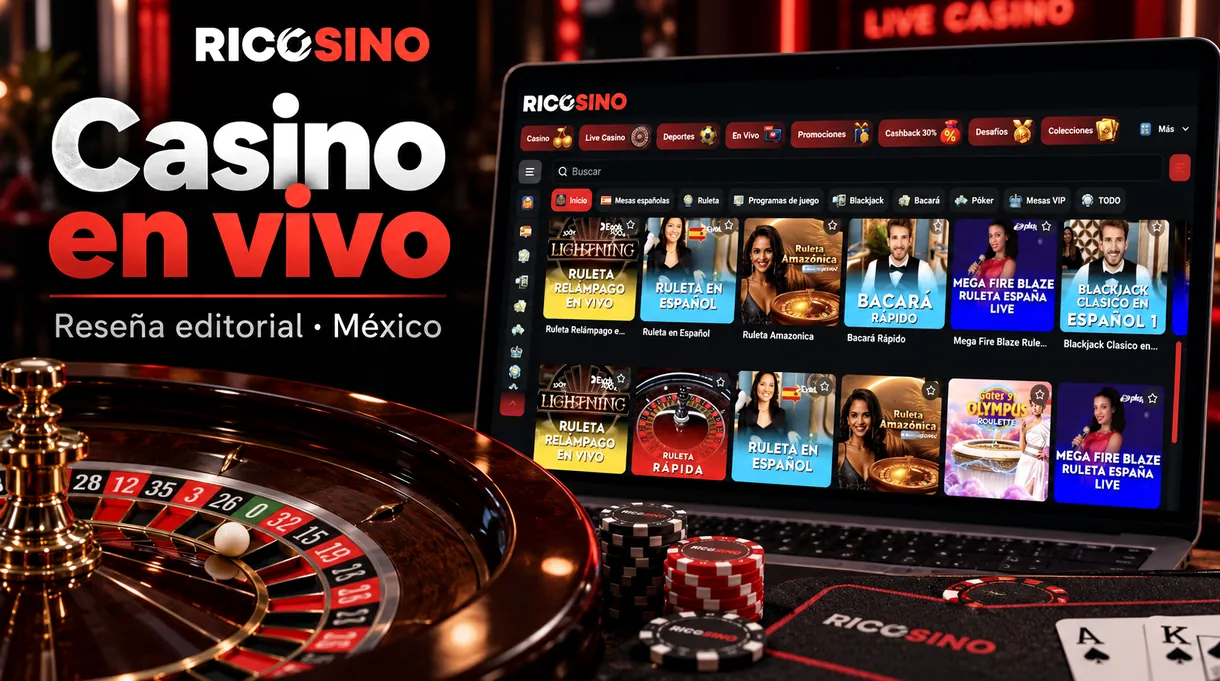 Portada editorial «Casino en vivo» con tarjetas de mesas y una ruleta bajo luz de estudio