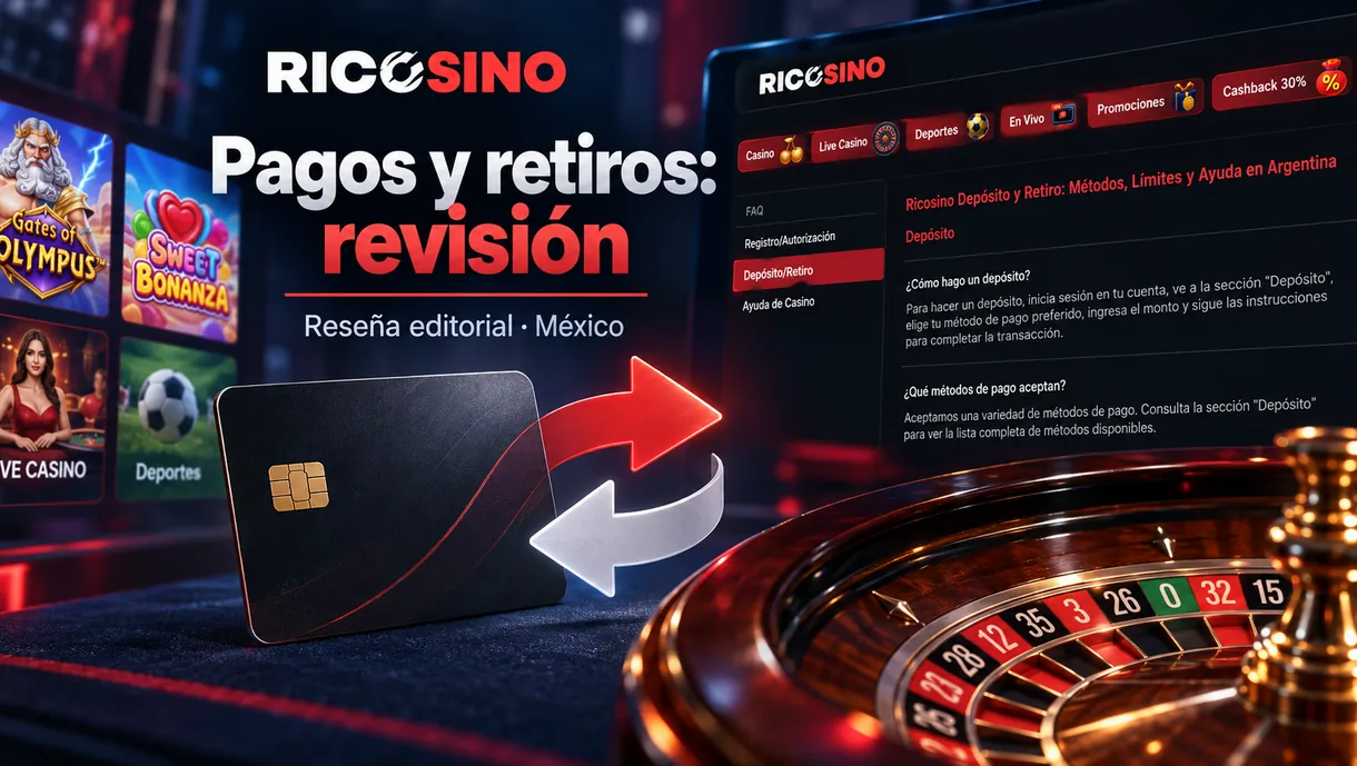 Portada editorial «Pagos y retiros: revisión» con una tarjeta de pago sin marca, borde de ruleta y flechas de transferencia