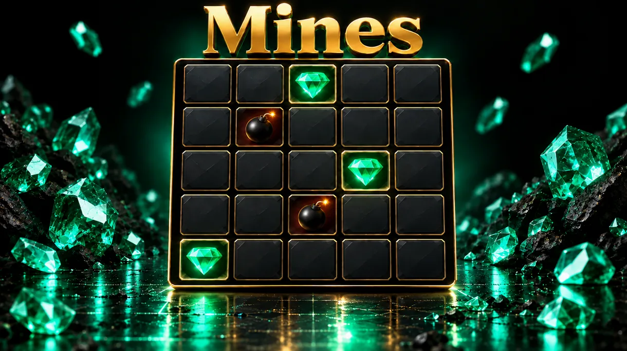 Ilustración editorial de Mines: cuadrícula de casillas con gemas y minas