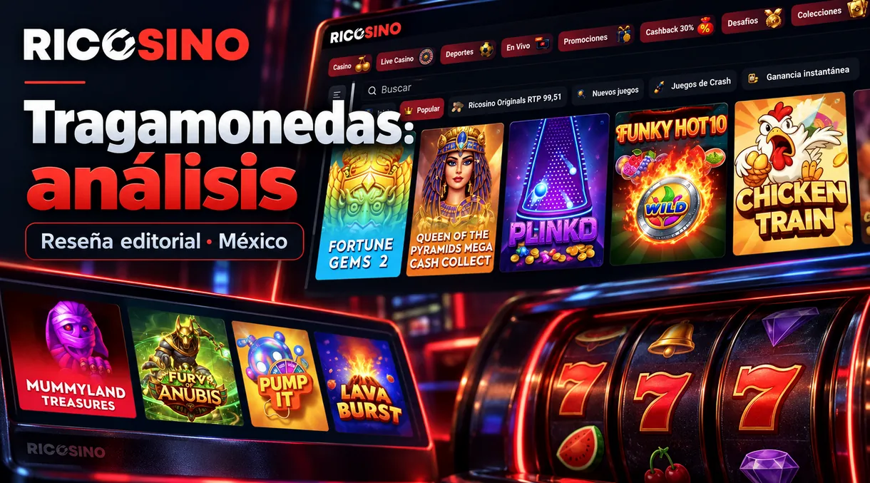 Portada editorial «Tragamonedas: análisis» con fichas de tragamonedas y detalles de un mueble de carretes